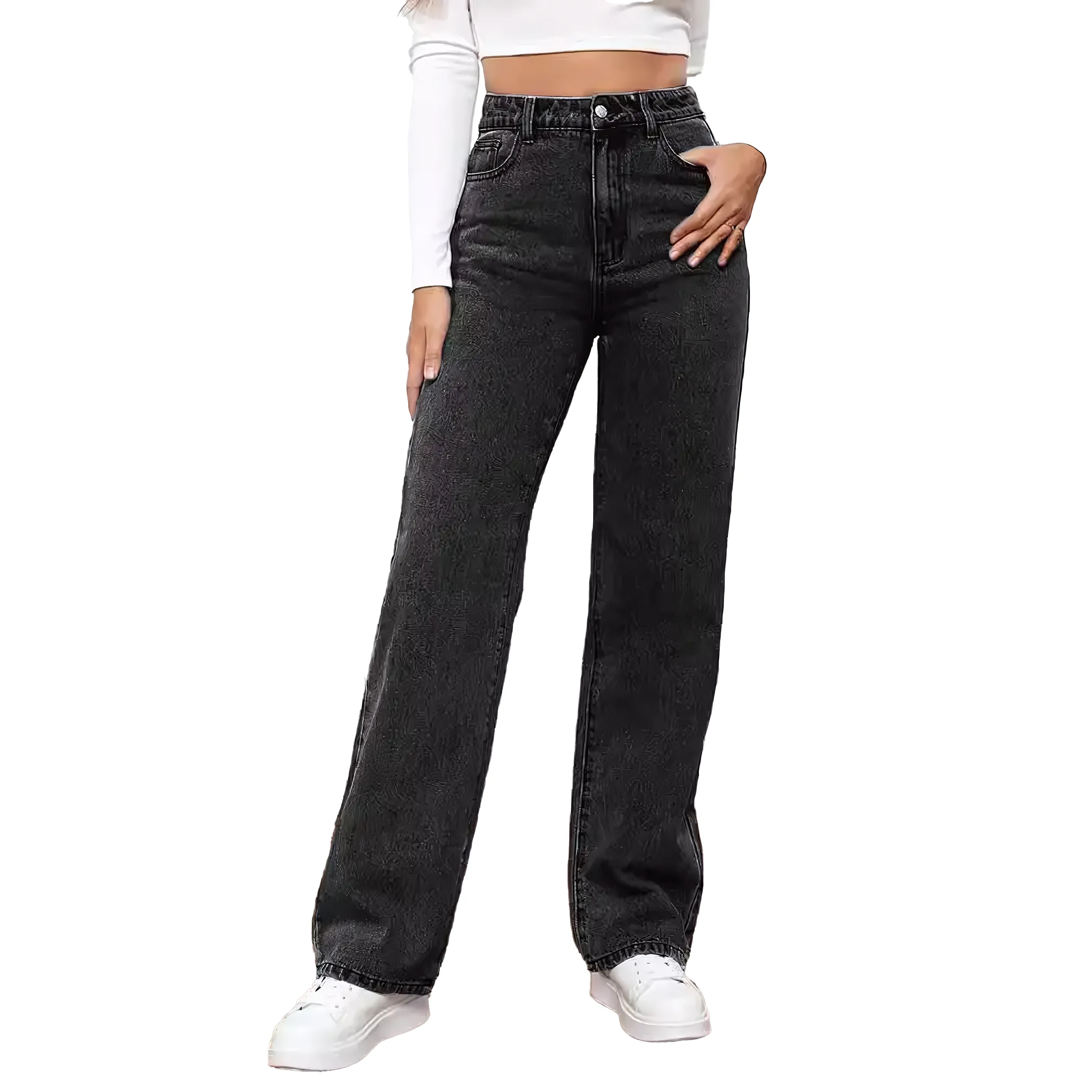 2PCS Vintage High Waist Loose and Stretchy Denim Pants