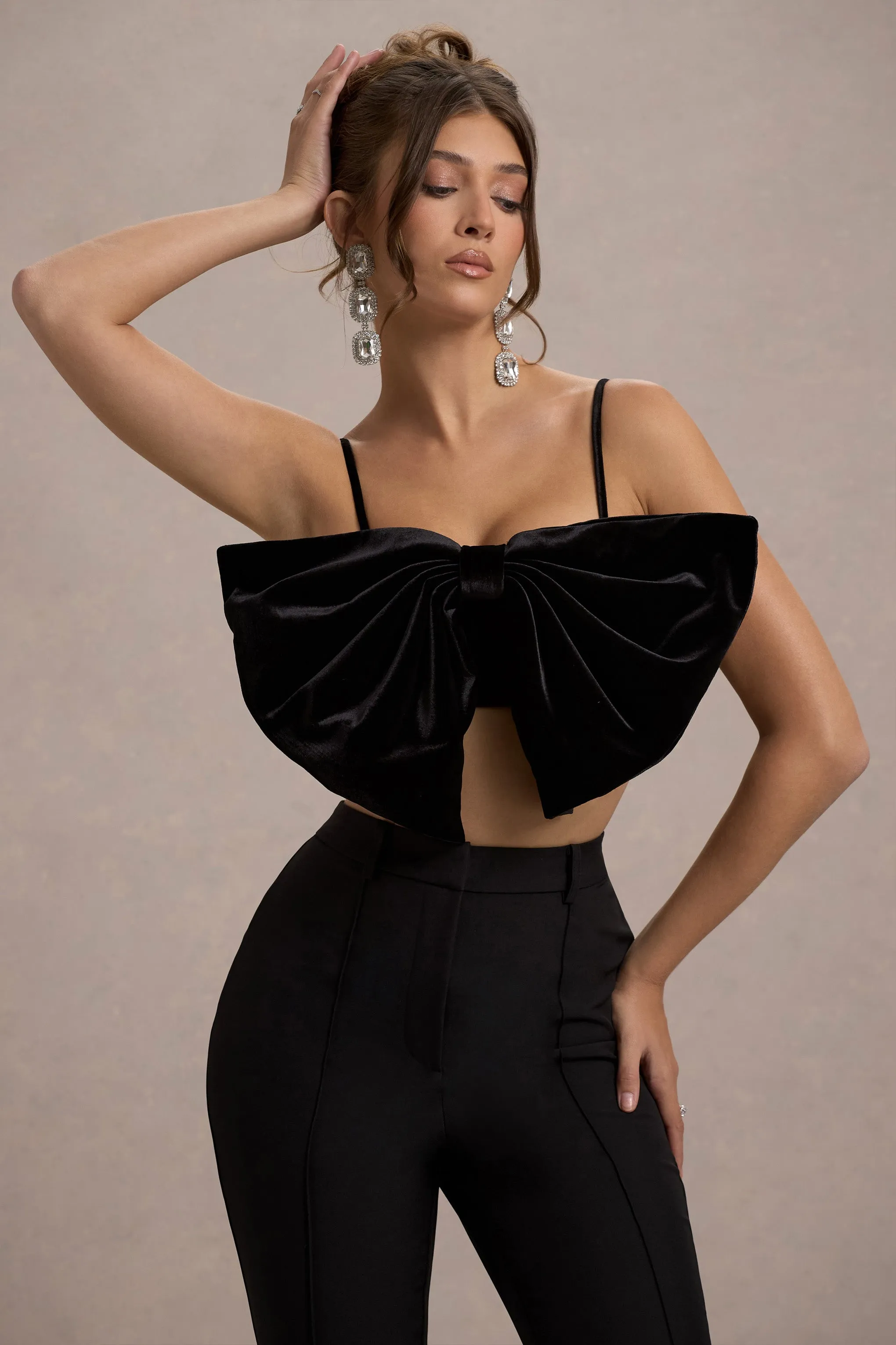 Adya | Black Velvet Strappy Bow Crop Top