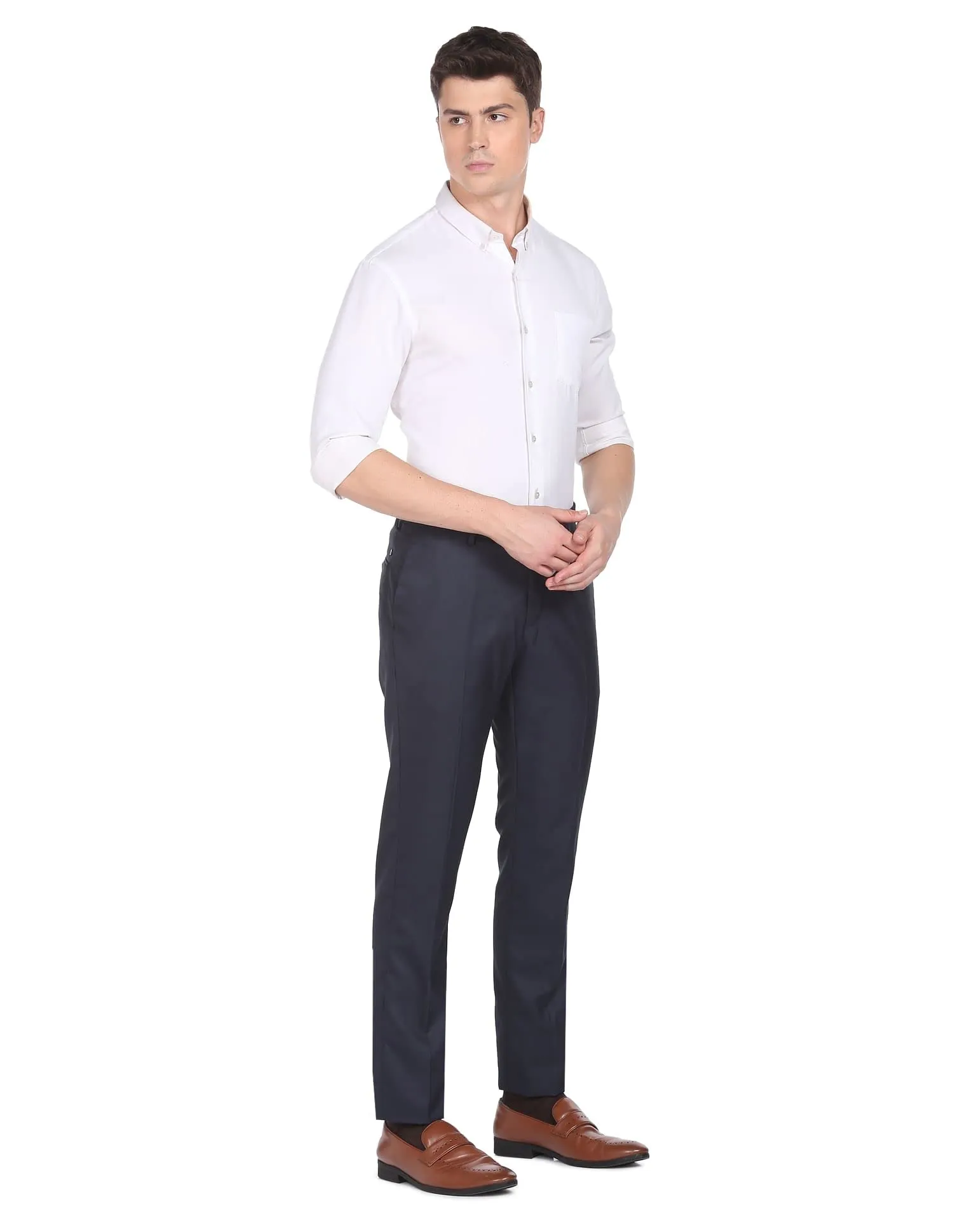 Arrow Solid Tailored Fit Twill Formal Trouser Navy