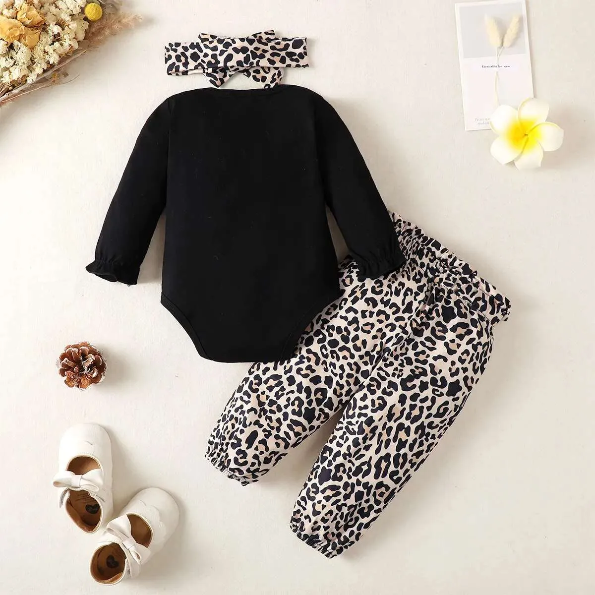 baby girl black long-sleeved shirt/leopard print trousers outfit*