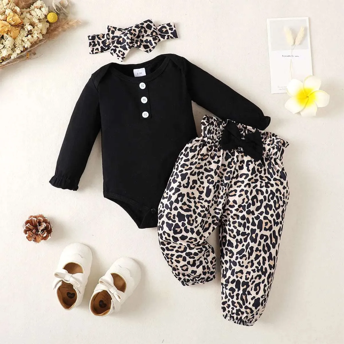 baby girl black long-sleeved shirt/leopard print trousers outfit*