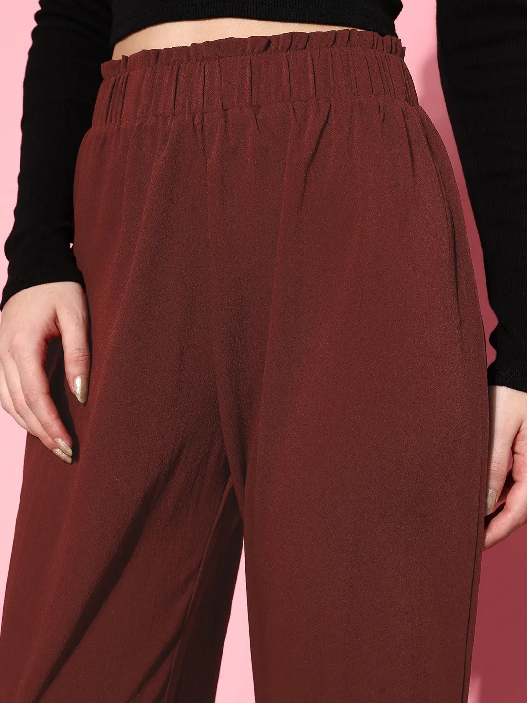 Berrylush Women Solid Maroon Elastic Waist High-Rise Wide Leg Flared Trousers