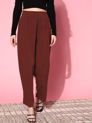 Berrylush Women Solid Maroon Elastic Waist High-Rise Wide Leg Flared Trousers