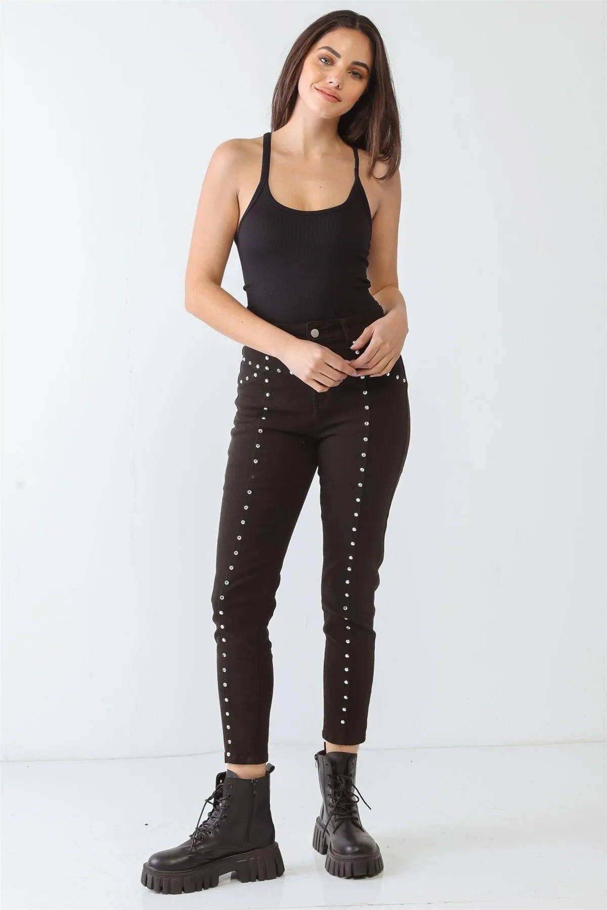 Black Cotton Skinny Rivet Two Pocket High Waist Pants