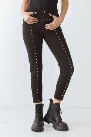 Black Cotton Skinny Rivet Two Pocket High Waist Pants