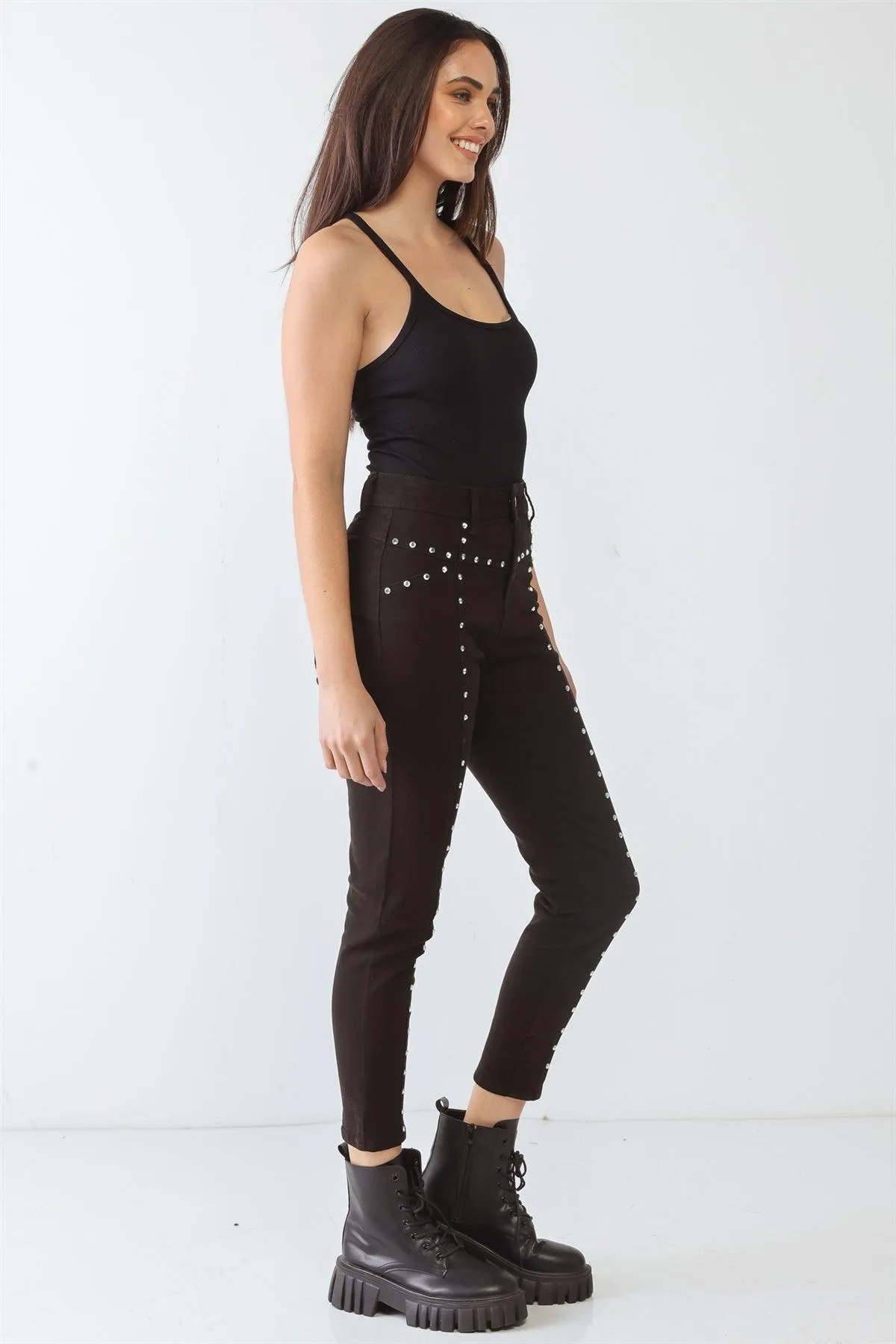 Black Cotton Skinny Rivet Two Pocket High Waist Pants