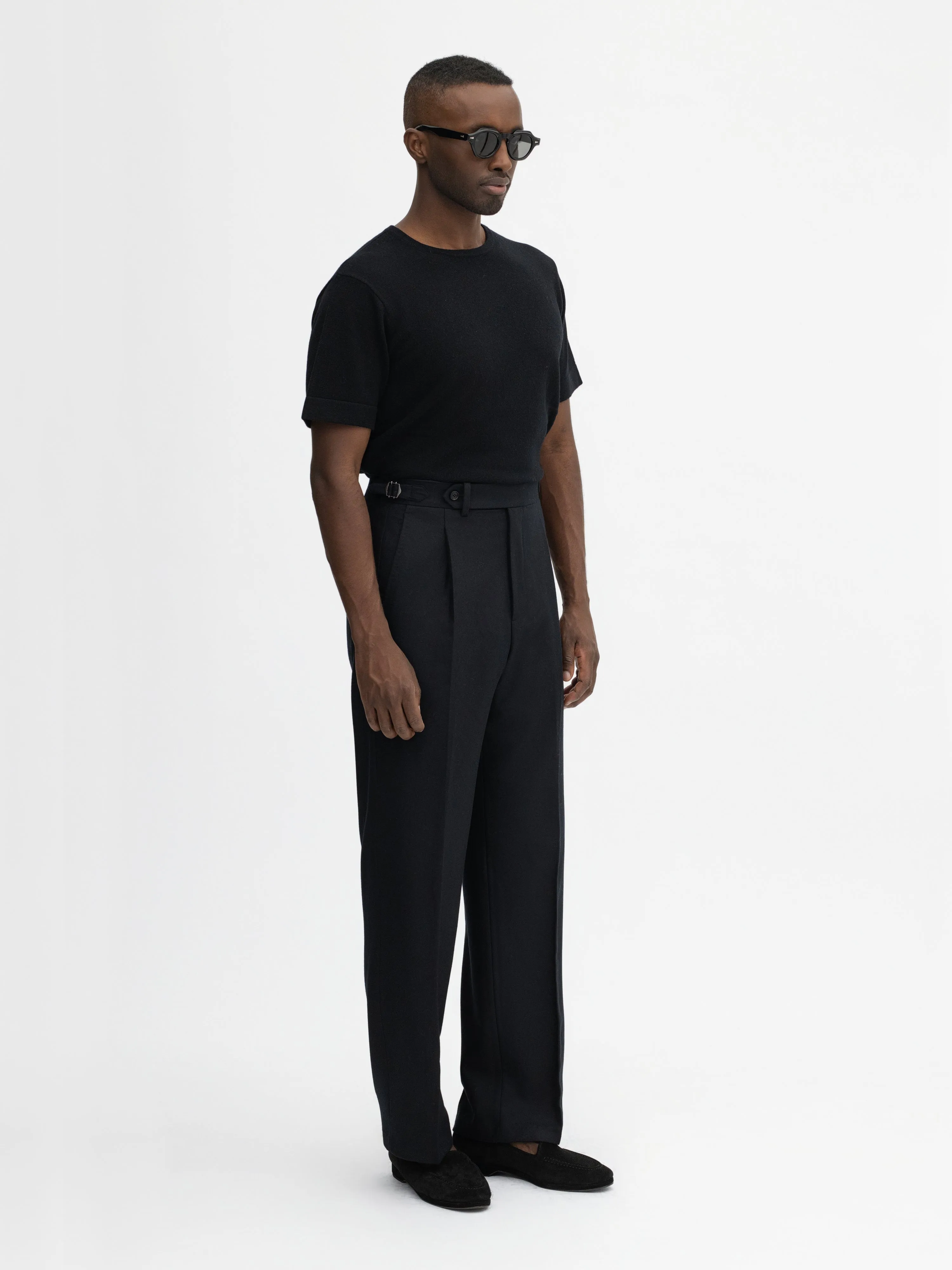 Black Flannel Wool Oscar Trousers (Wide Fit)