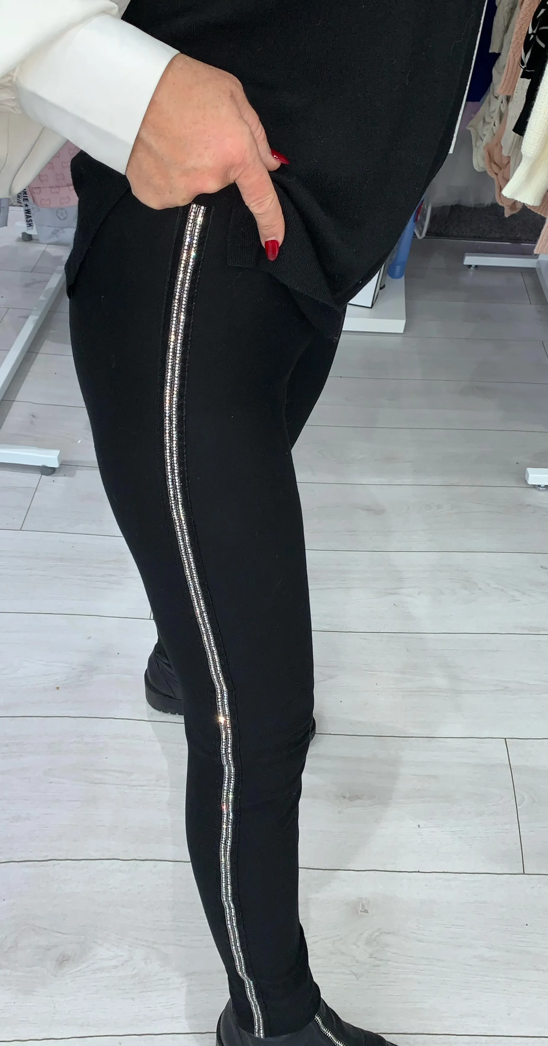 Black high waist luxury trousers with diamante side stripe embellishment