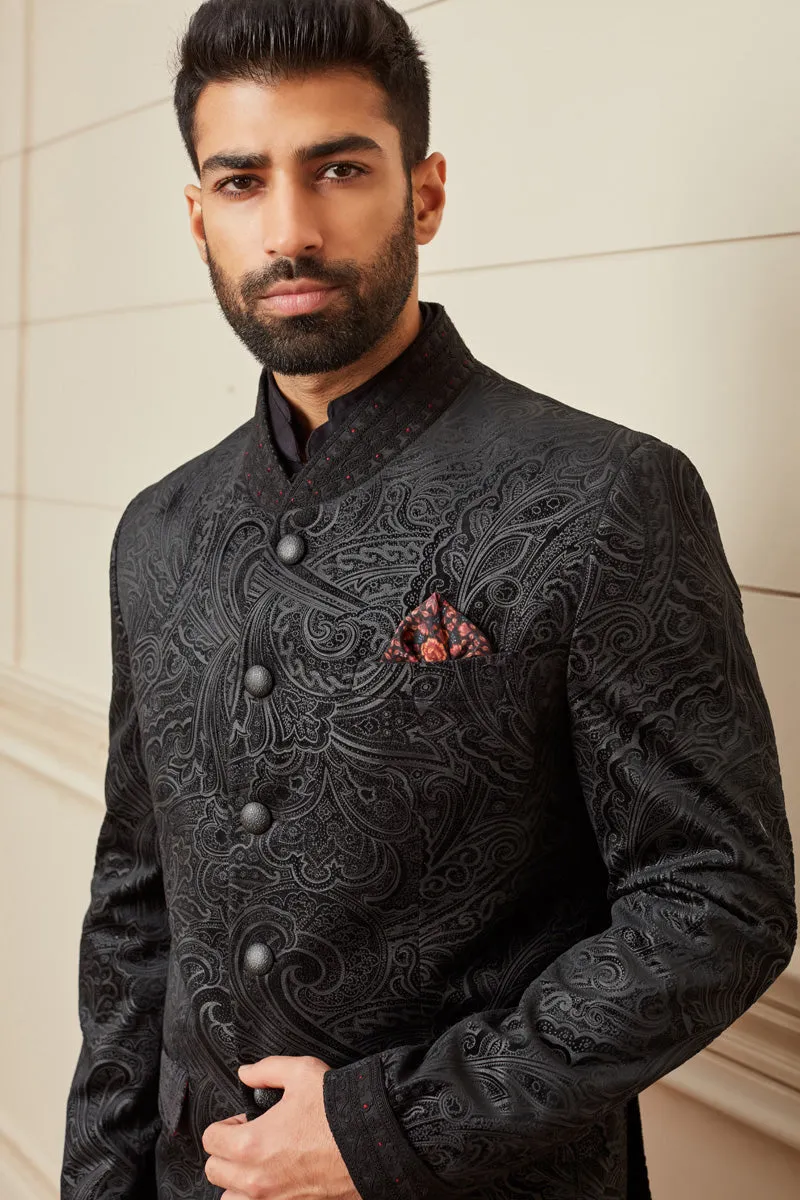 Black Printed Velvet Bandhgala with Embroidery