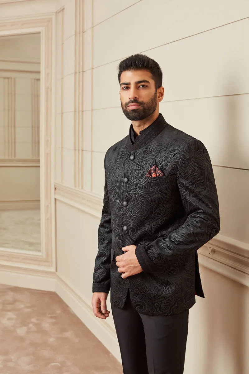 Black Printed Velvet Bandhgala with Embroidery