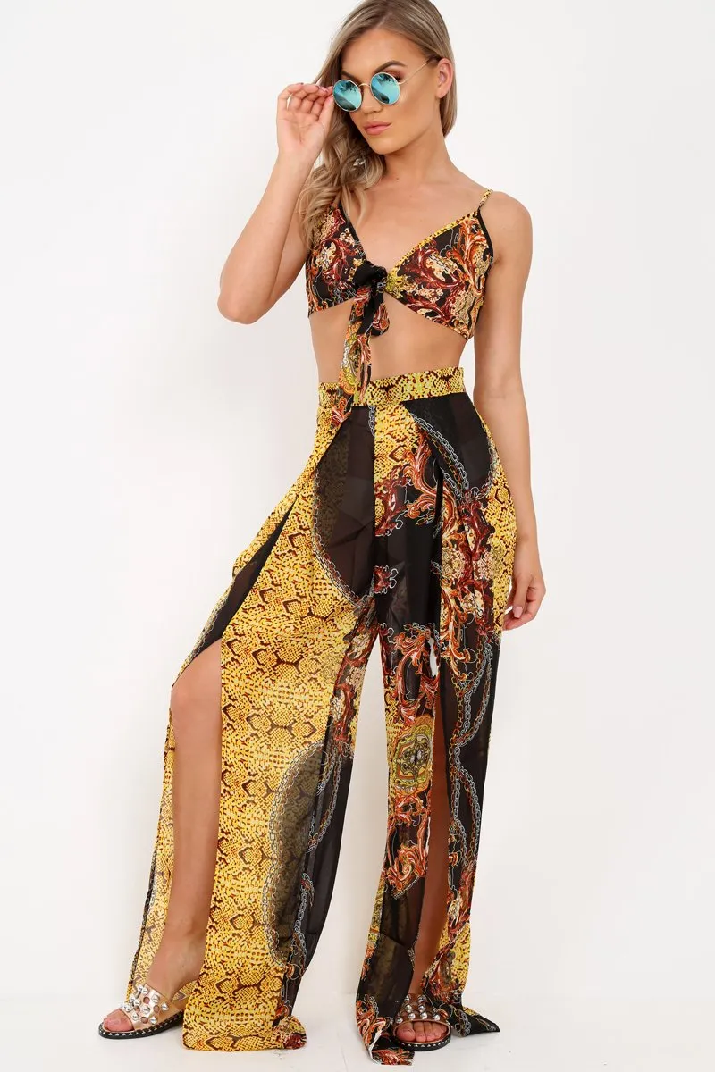 Black Scarf Print Crop Top And Split Front Trousers Co-Ord - Aavah