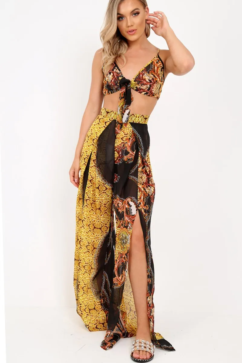 Black Scarf Print Crop Top And Split Front Trousers Co-Ord - Aavah