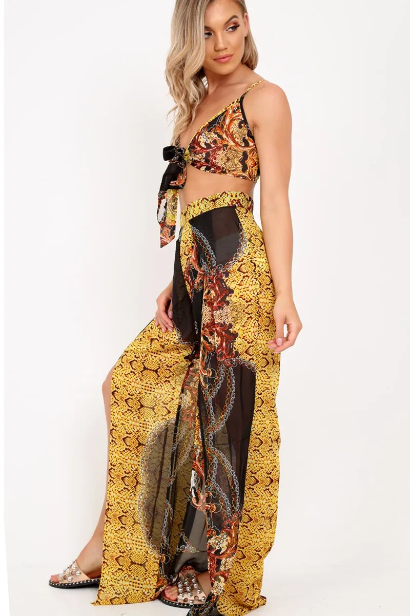 Black Scarf Print Crop Top And Split Front Trousers Co-Ord - Aavah