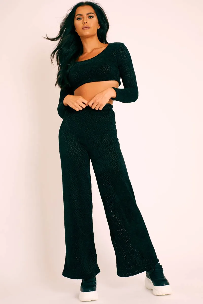 Black Velour Crop Top Wide Leg Trouser Co-Ord - Salina