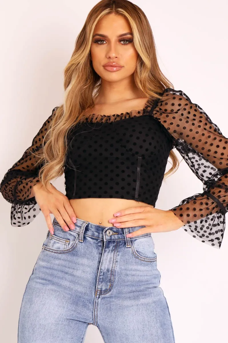 Black Velvet Polka Mesh Corset Style Crop Top - Shia