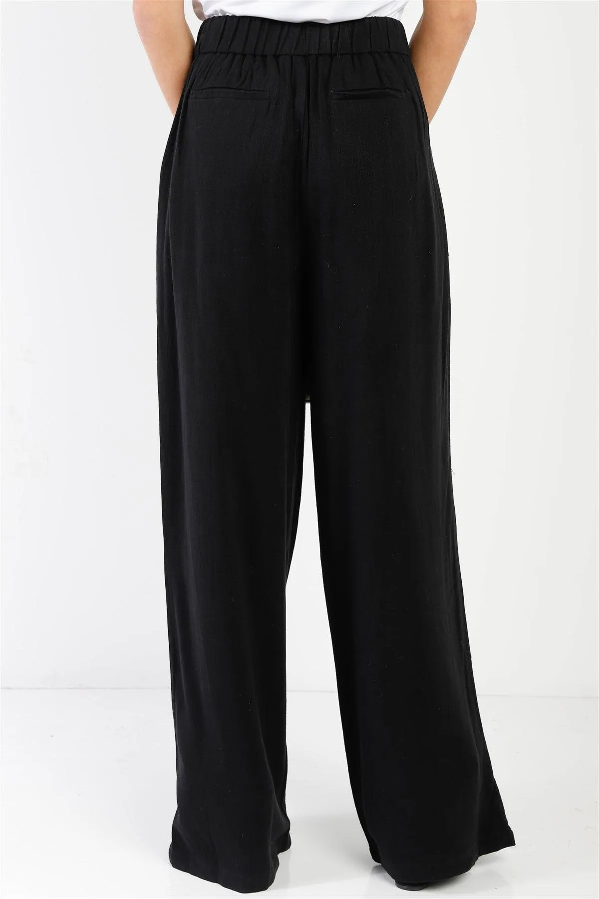 Black Viscose & Linen Blend Belted Wide Leg Pants /1-2-2-1