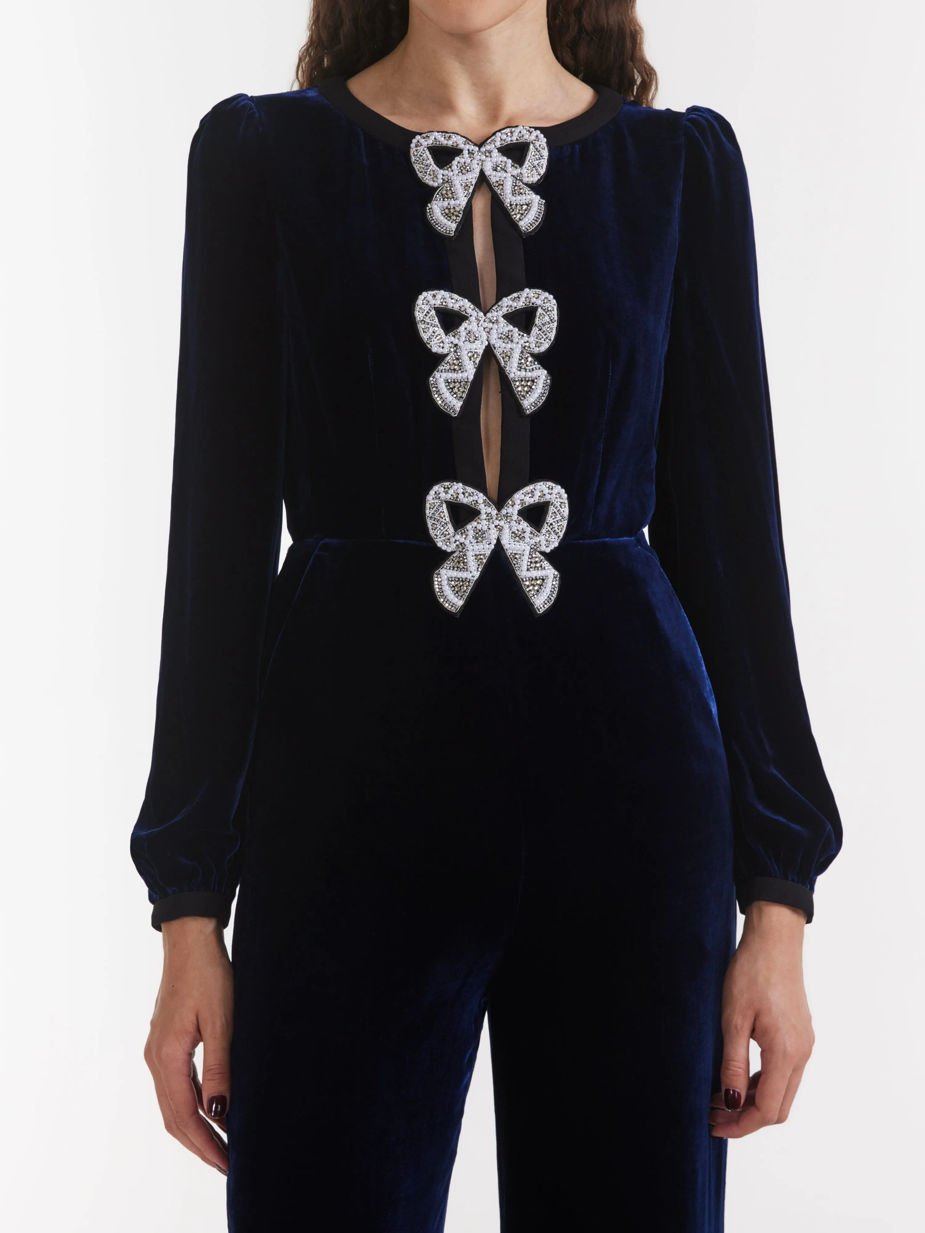 Camille Velvet Embellished Bows Jumpsuit in Navy