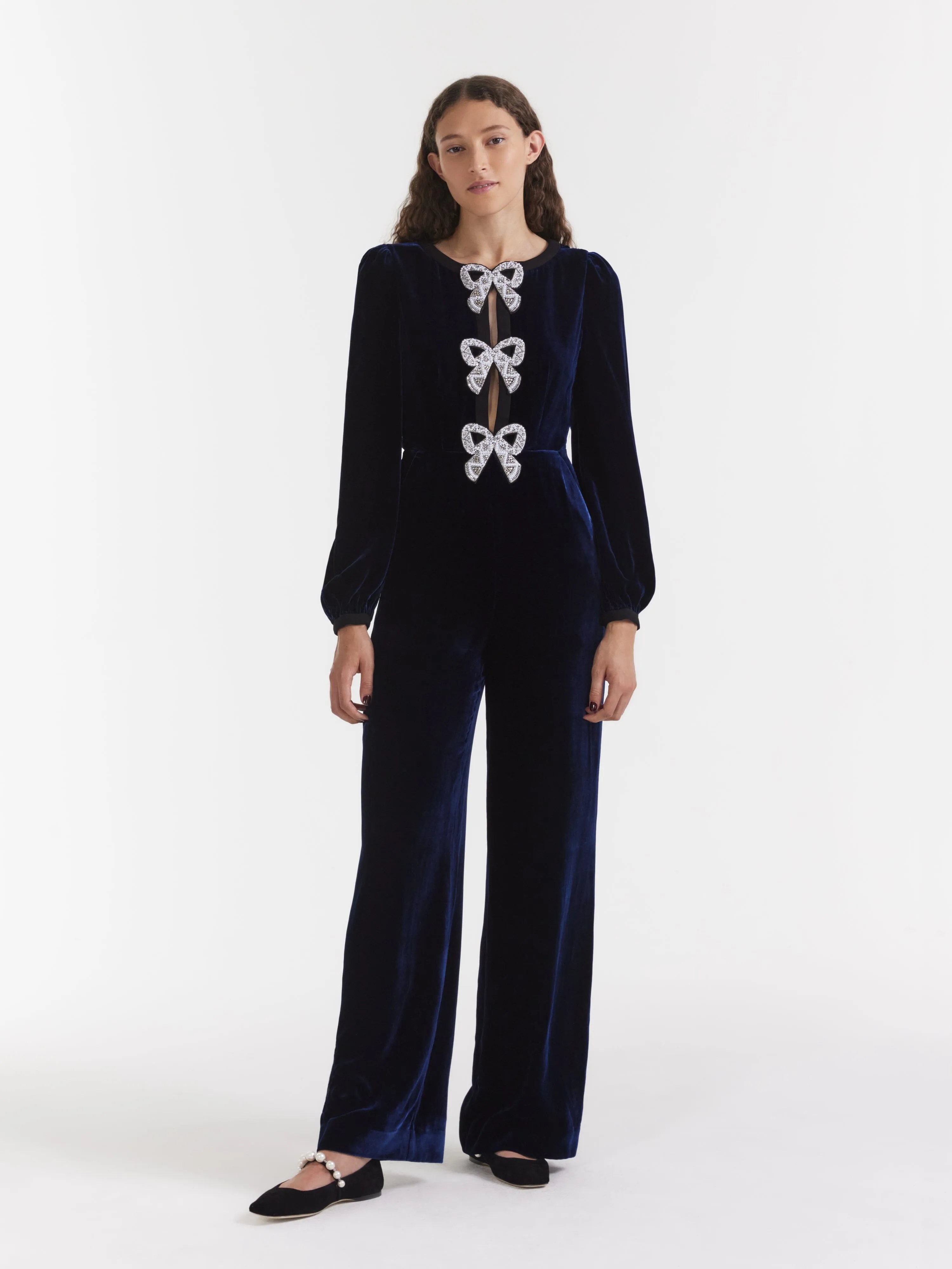 Camille Velvet Embellished Bows Jumpsuit in Navy