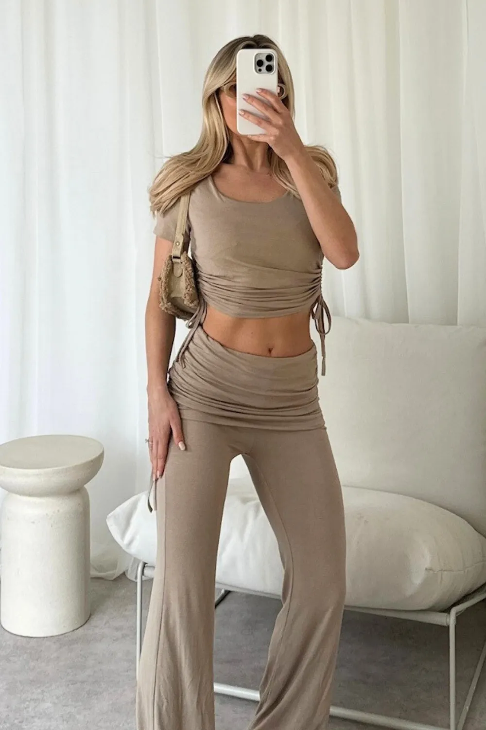 Casey stone ruched top and fold over trouser co-ord