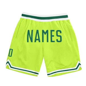 Custom Neon Green Kelly Green-White Authentic Throwback Basketball Shorts