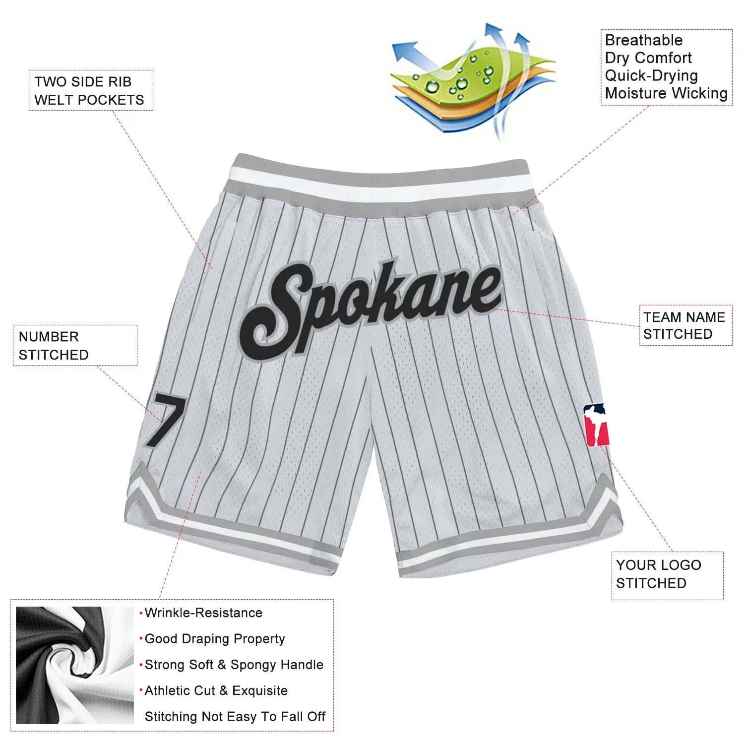 Custom White Black Pinstripe Black-Gray Authentic Basketball Shorts