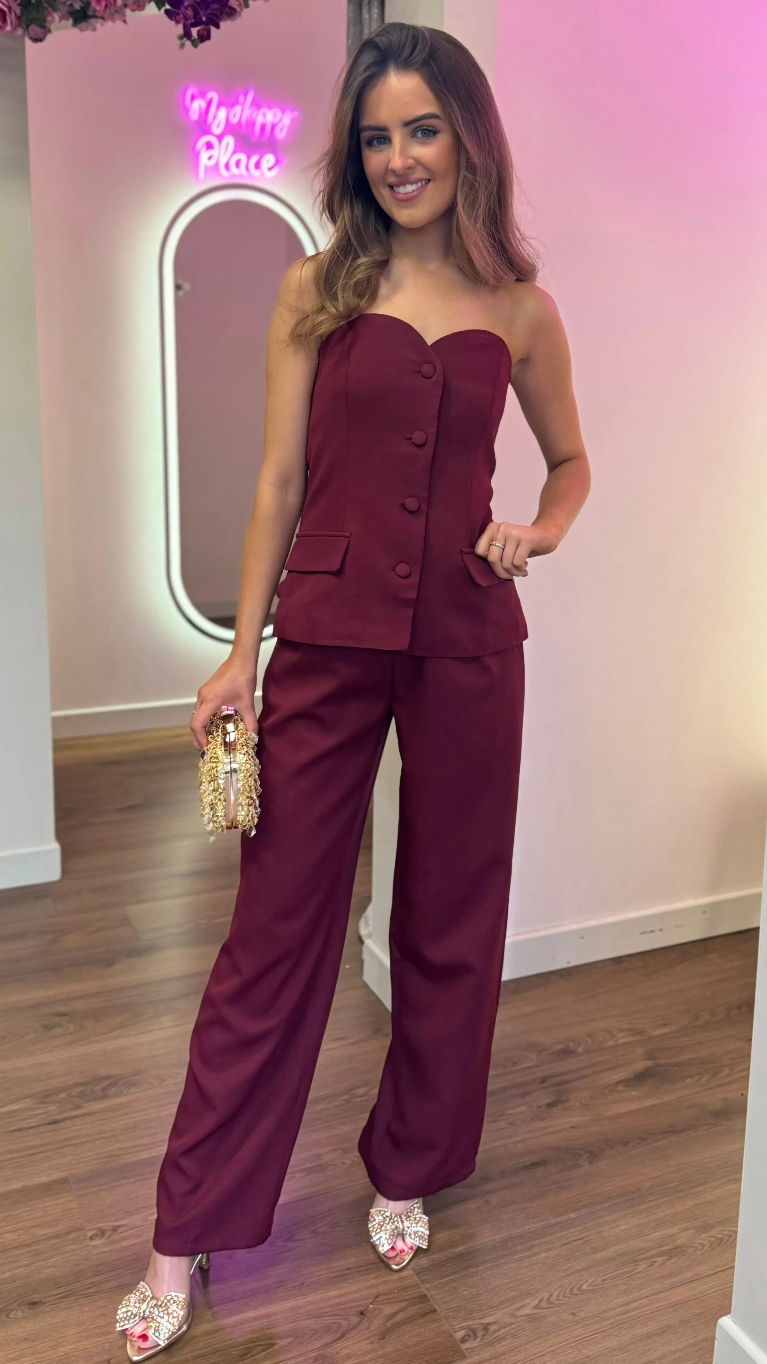 Farrah Burgundy Bustier Top & Trousers Co-Ord