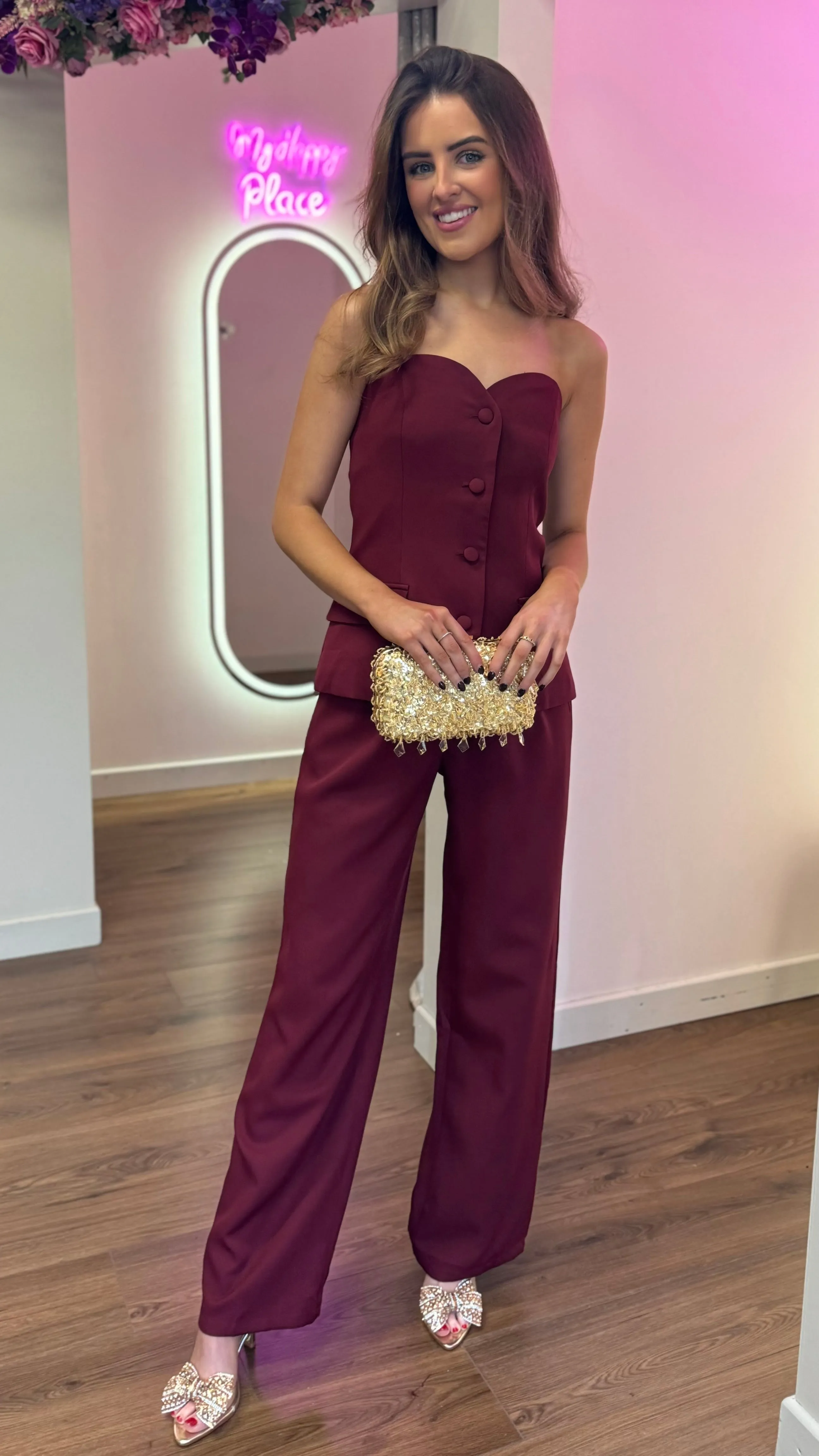 Farrah Burgundy Bustier Top & Trousers Co-Ord