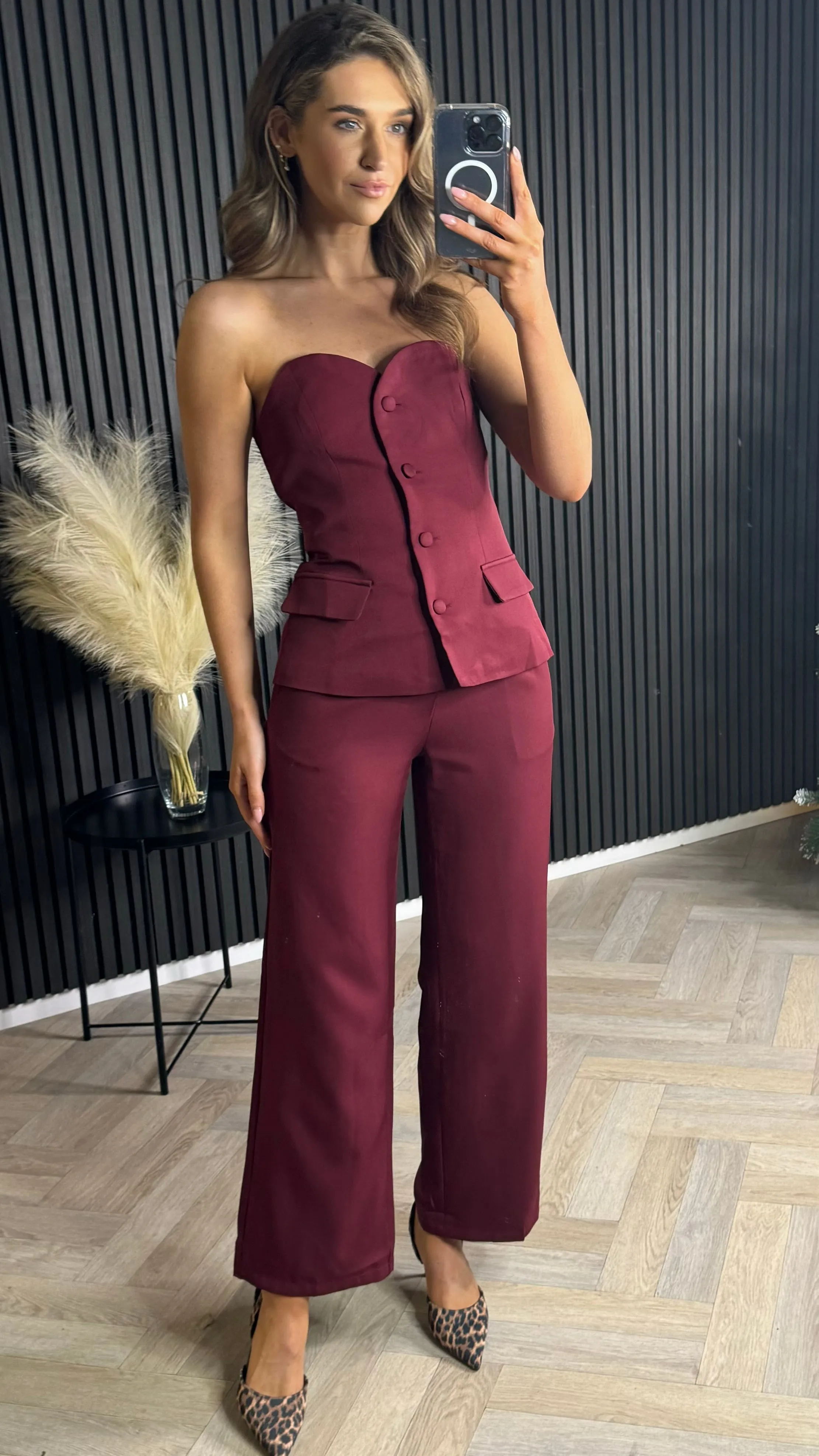 Farrah Burgundy Bustier Top & Trousers Co-Ord