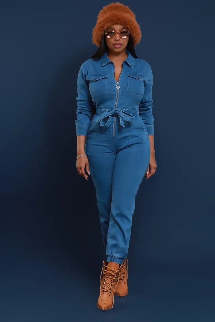 Go Around Stretchy Denim Jumpsuit - Mid Wash