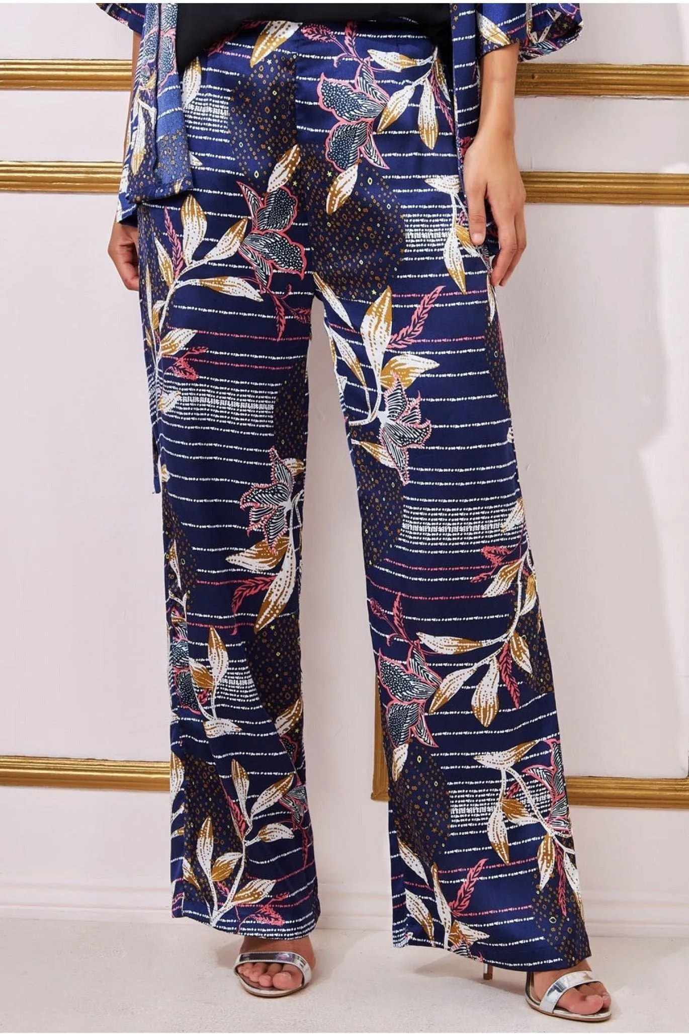 Goddiva Printed Satin Wide Leg Trouser - Navy