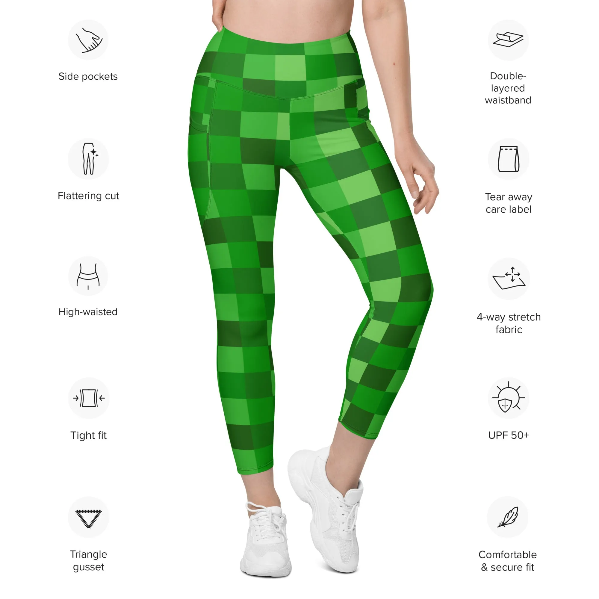 Green Building Blocks Miner Creep Pattern All Over Print Leggings with pockets