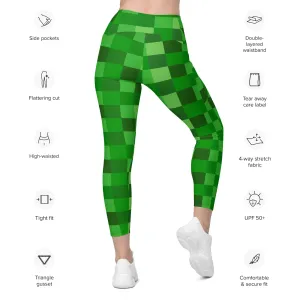 Green Building Blocks Miner Creep Pattern All Over Print Leggings with pockets