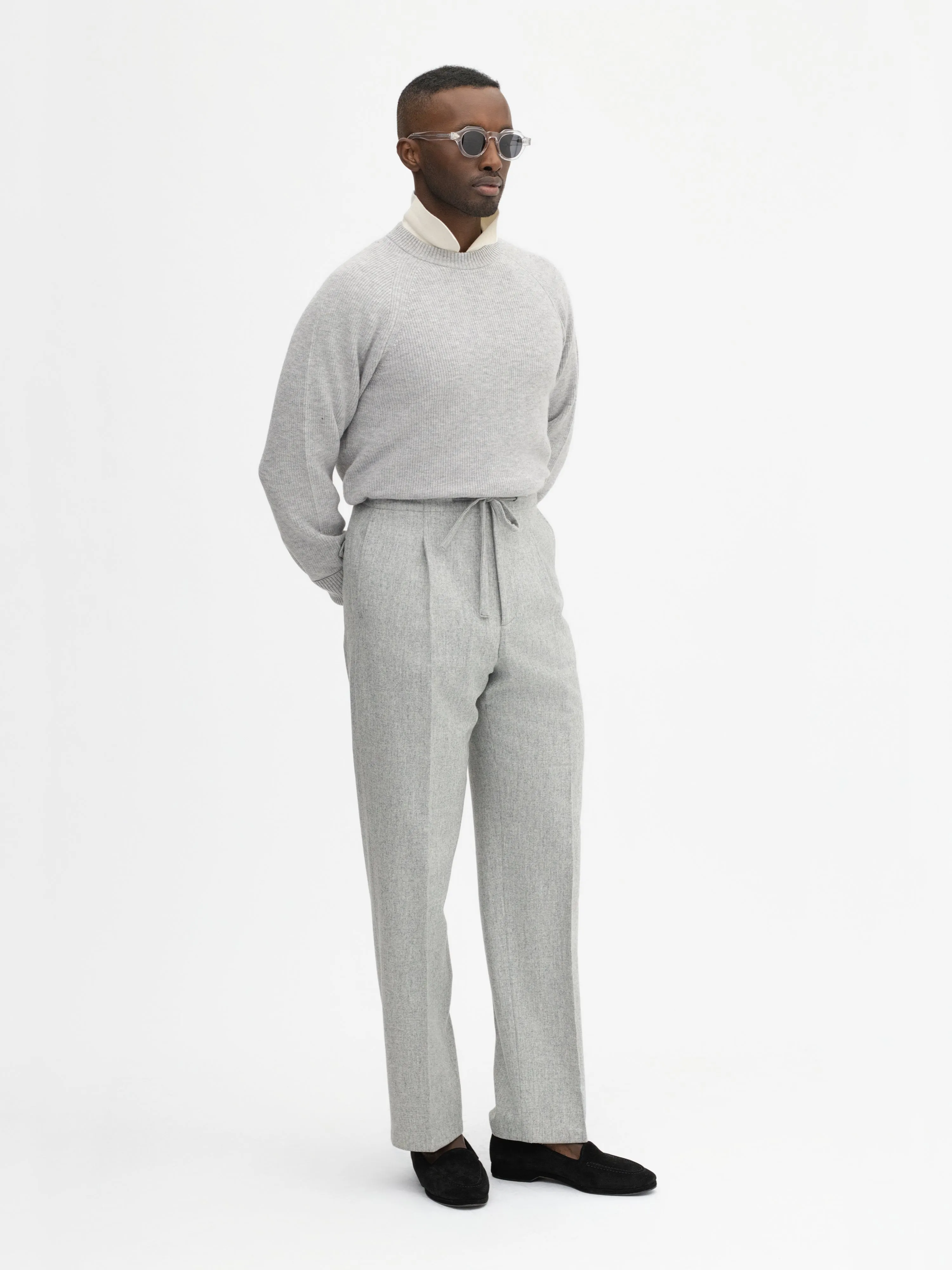 Grey Flannel Wool Drawstring Trousers (Wide Fit)