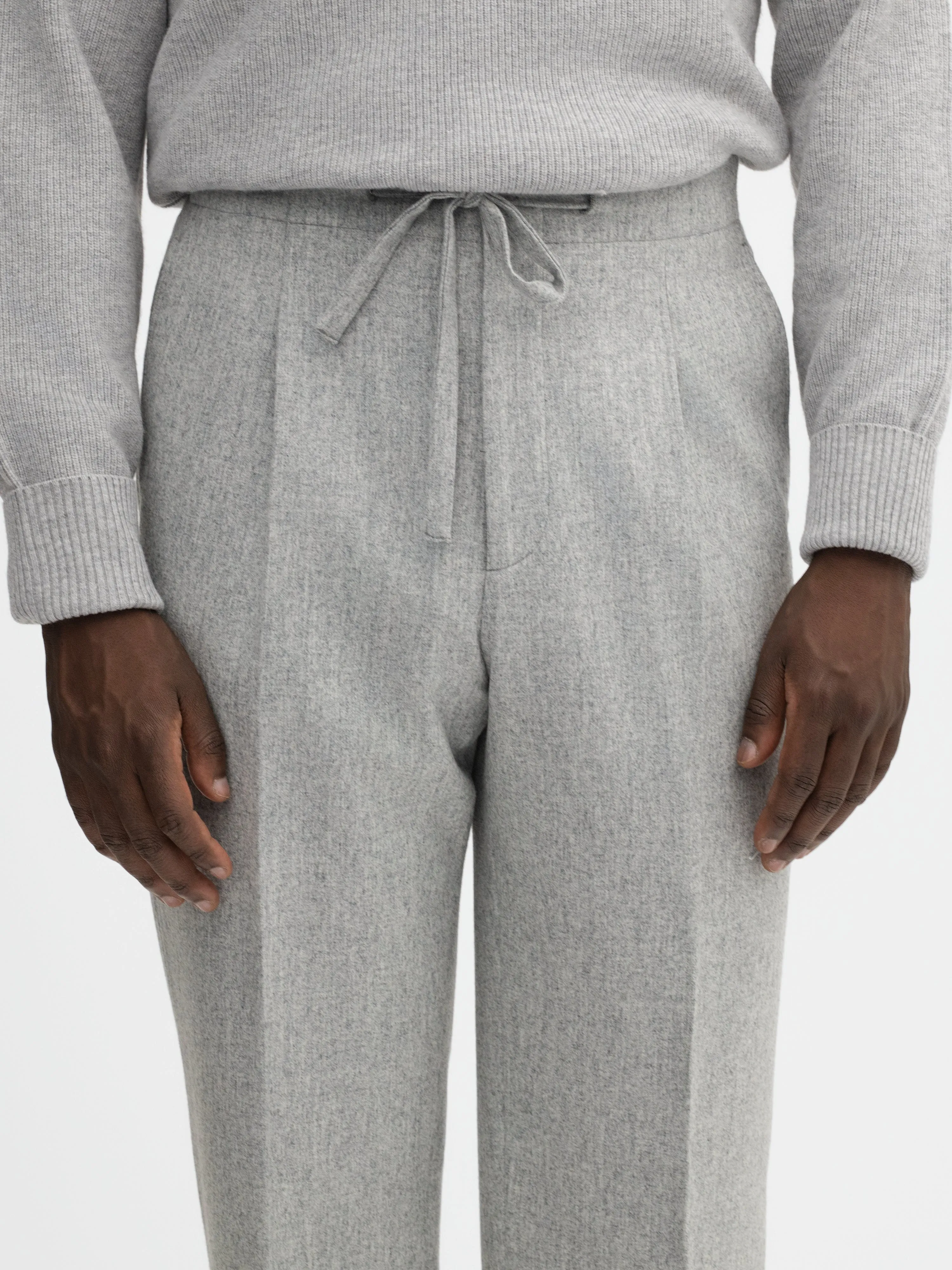 Grey Flannel Wool Drawstring Trousers (Wide Fit)