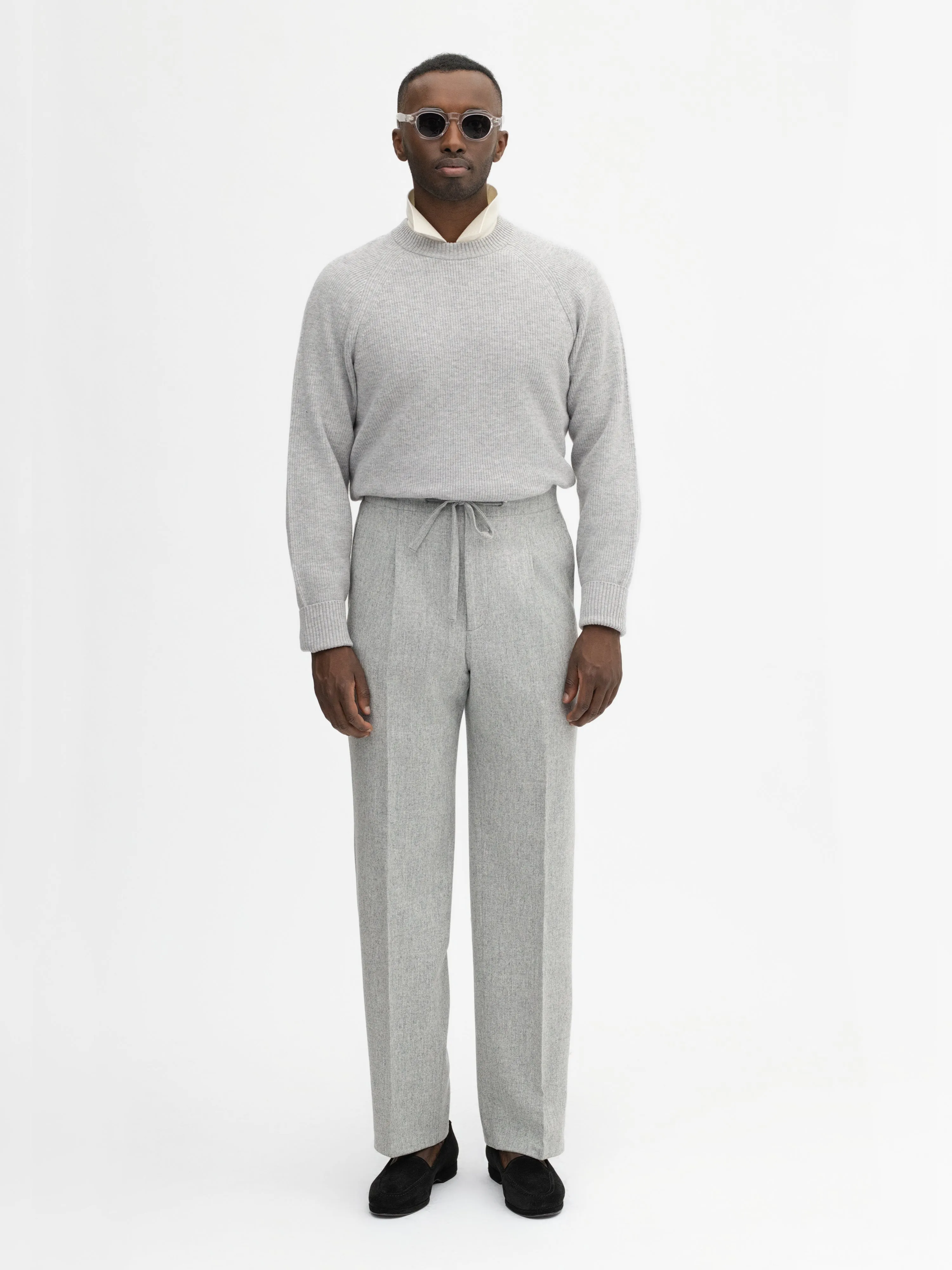 Grey Flannel Wool Drawstring Trousers (Wide Fit)