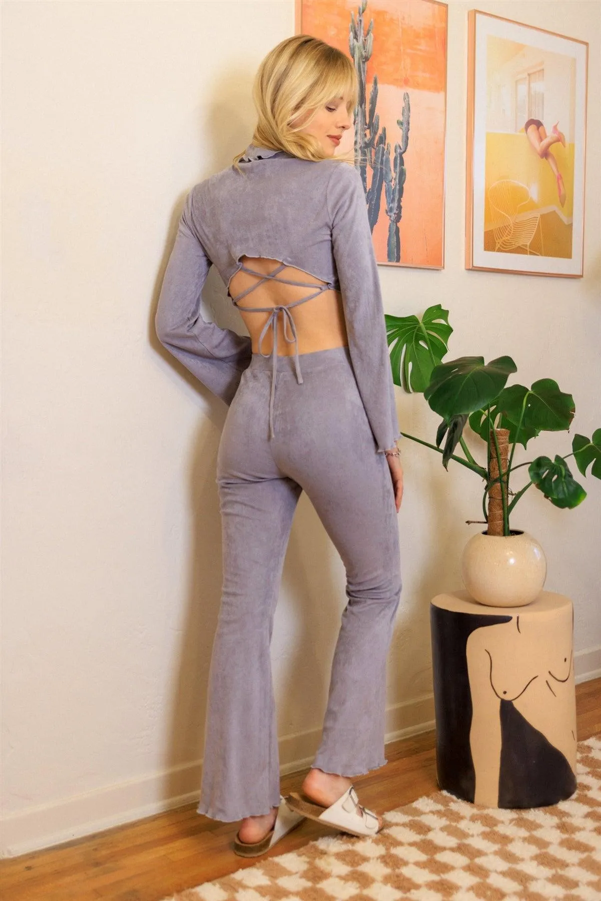 Grey Ribbed Suede Back Lace Down Turtle Neck Crop Top & Flare Pant Set /3-2-1