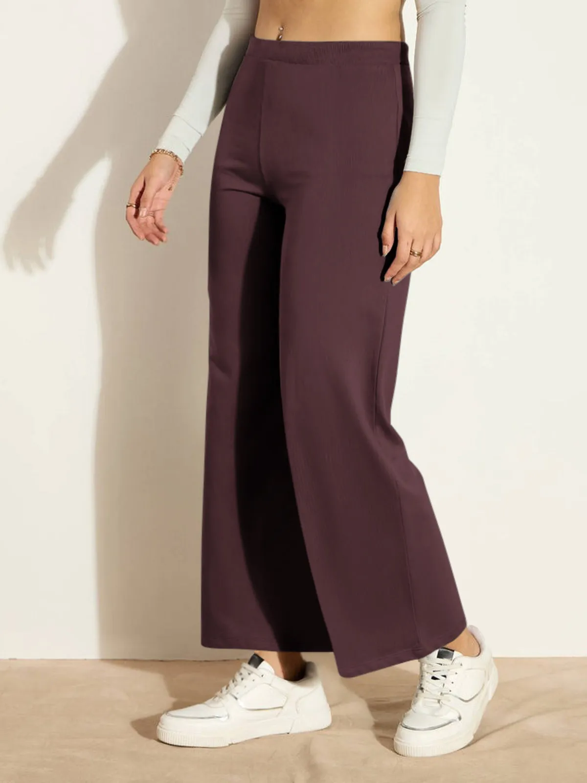 HELLCAT Trendy Burgundy Trousers for Women | Women Trouser Pants | Korean Trousers for Women | Palazzo for Women | Baggy Fit Trousers | Bell Bottom Trousers