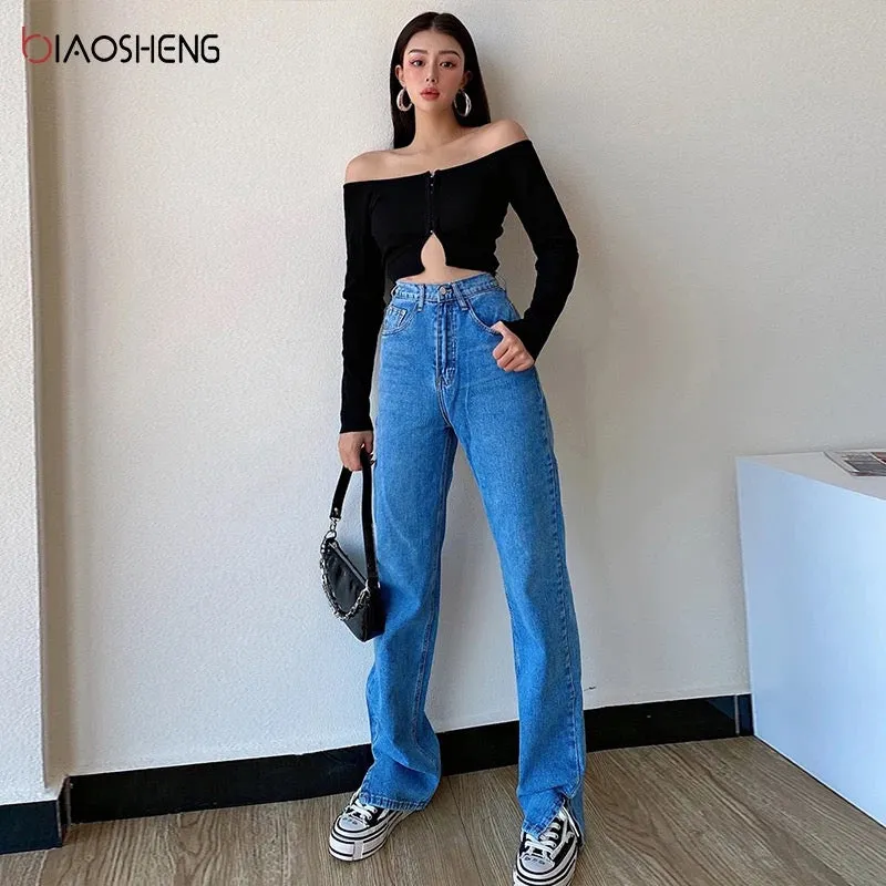 High Waist Loose Casual Split Mom Jeans