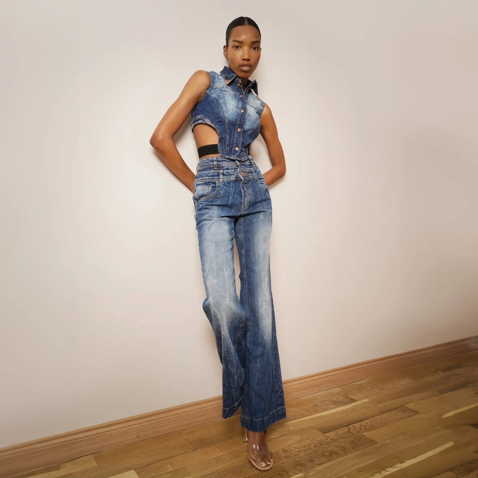 Indigo Distressed Wide-Leg Denim Trousers