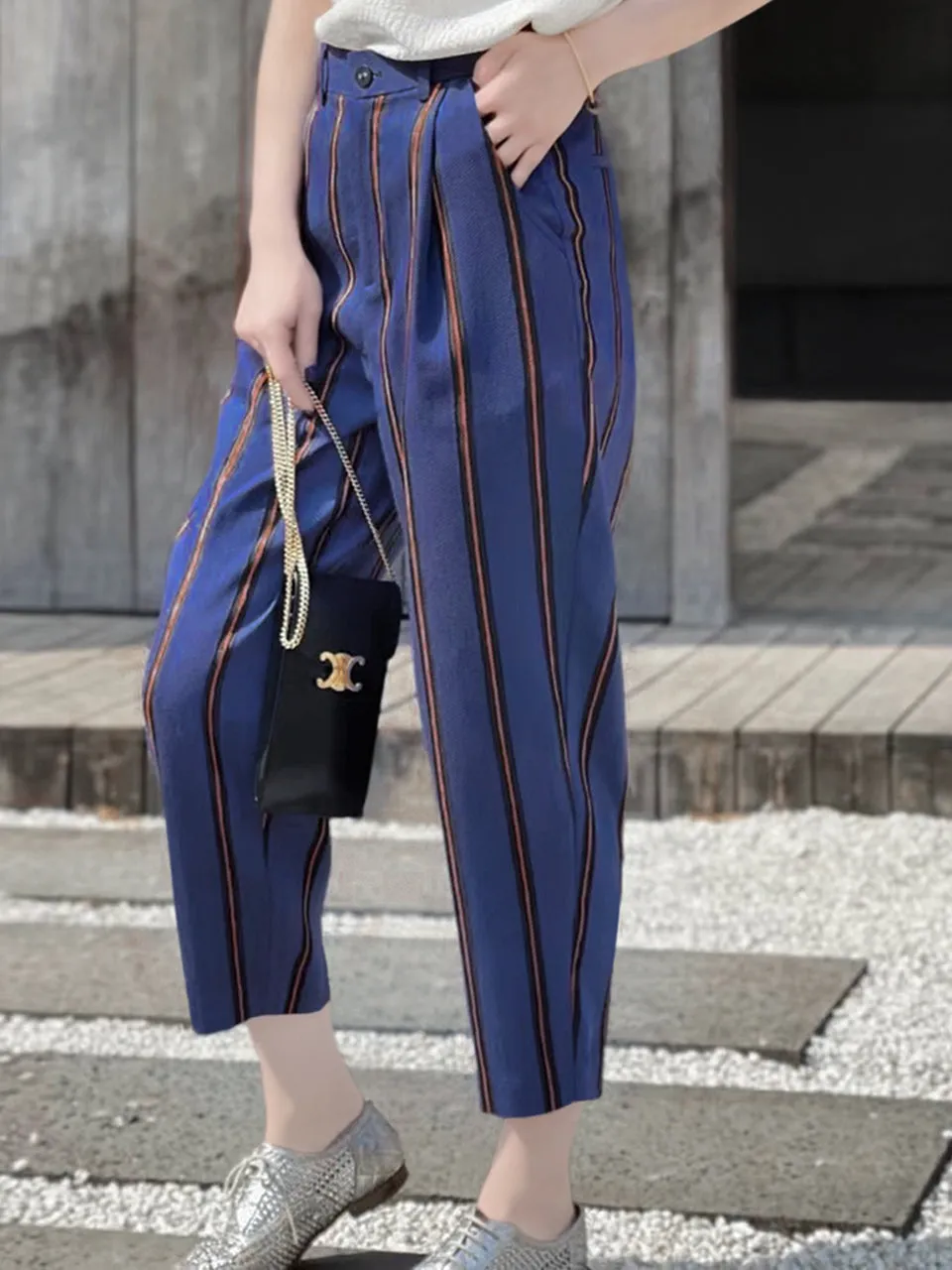 Last Chance! Blue-Orange Stripe Relax Fit Pleated Crop Trousers