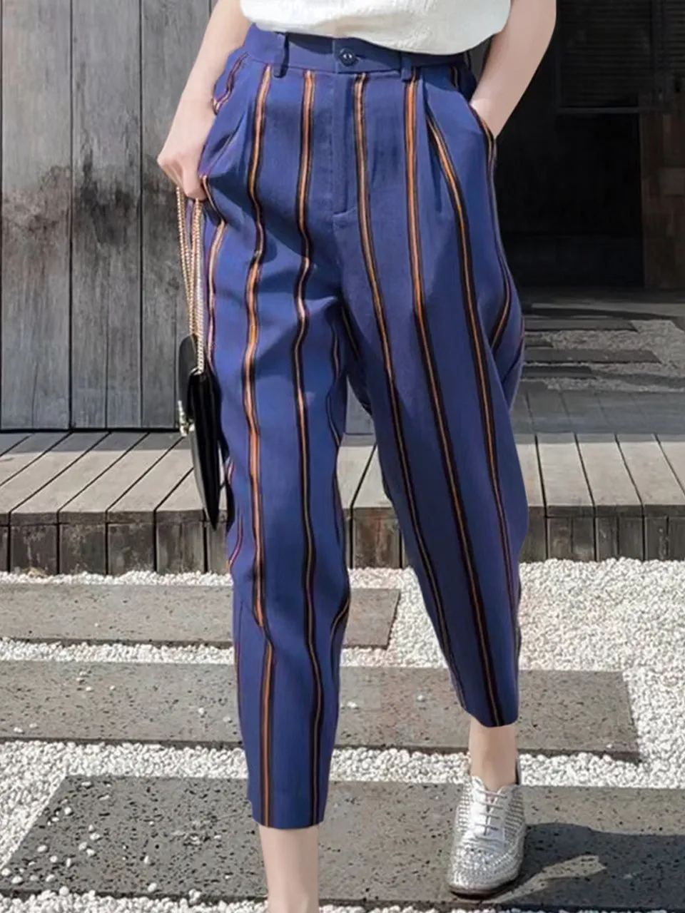 Last Chance! Blue-Orange Stripe Relax Fit Pleated Crop Trousers