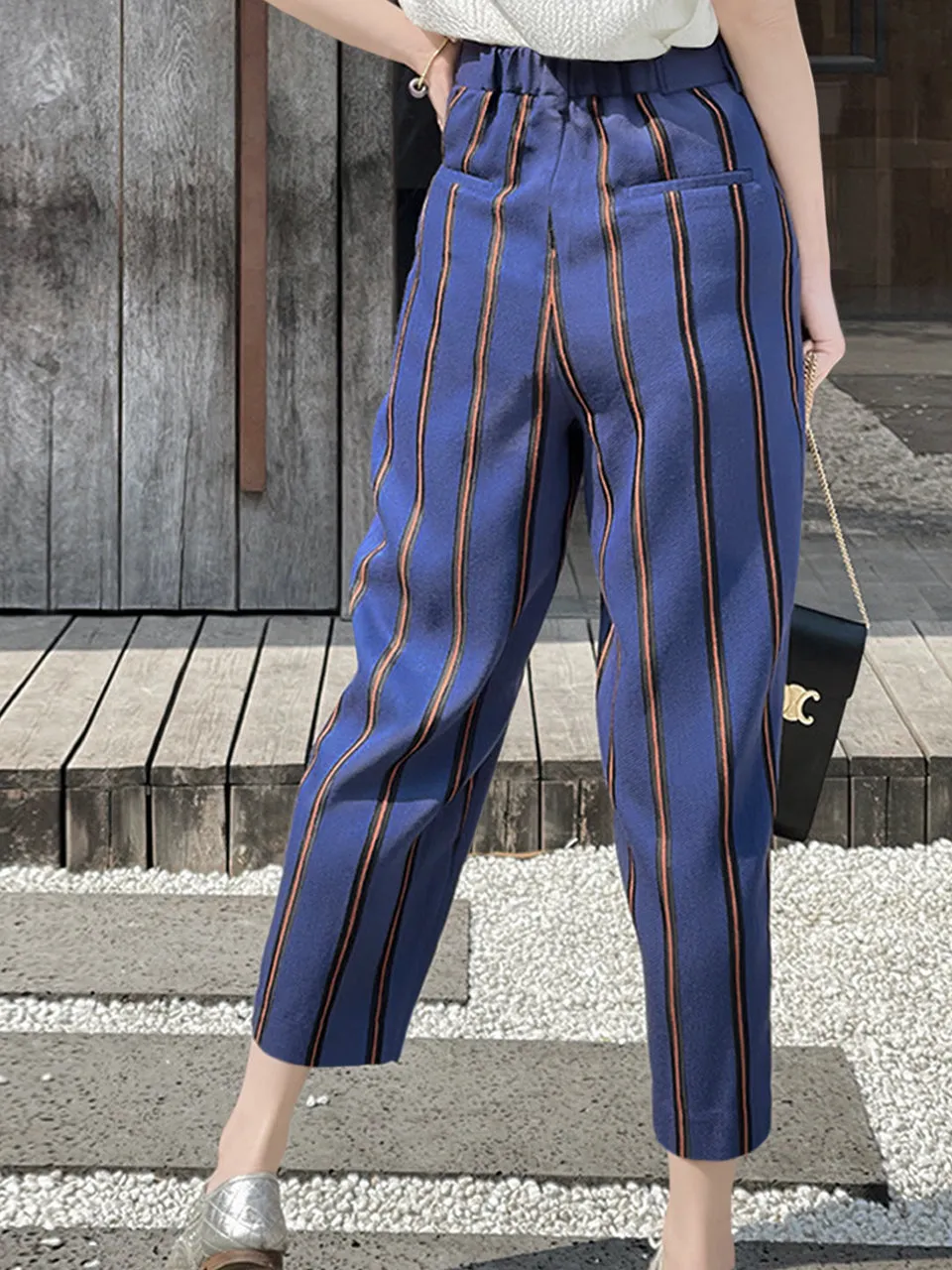 Last Chance! Blue-Orange Stripe Relax Fit Pleated Crop Trousers