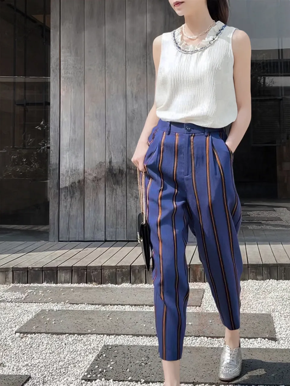 Last Chance! Blue-Orange Stripe Relax Fit Pleated Crop Trousers