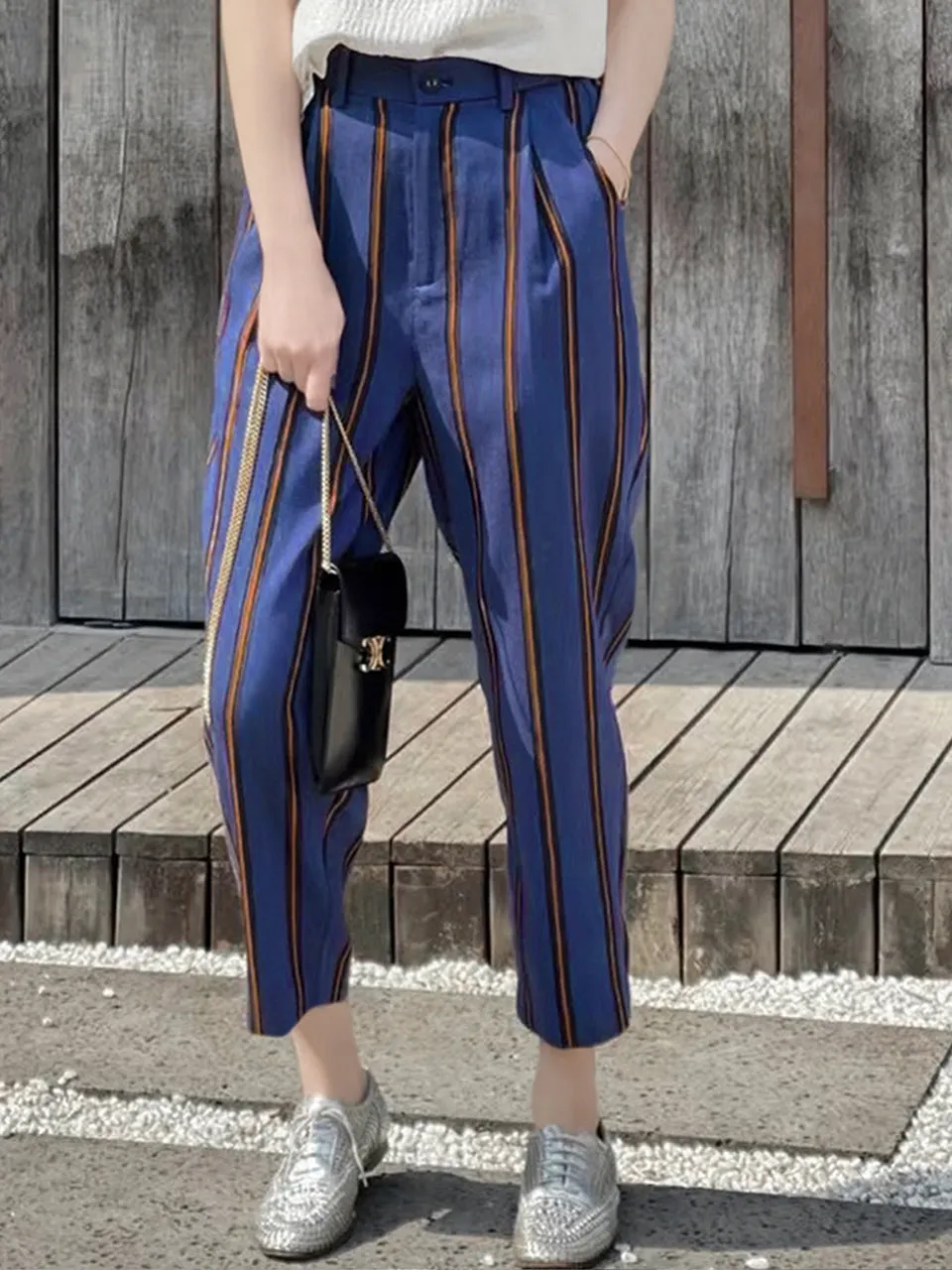 Last Chance! Blue-Orange Stripe Relax Fit Pleated Crop Trousers