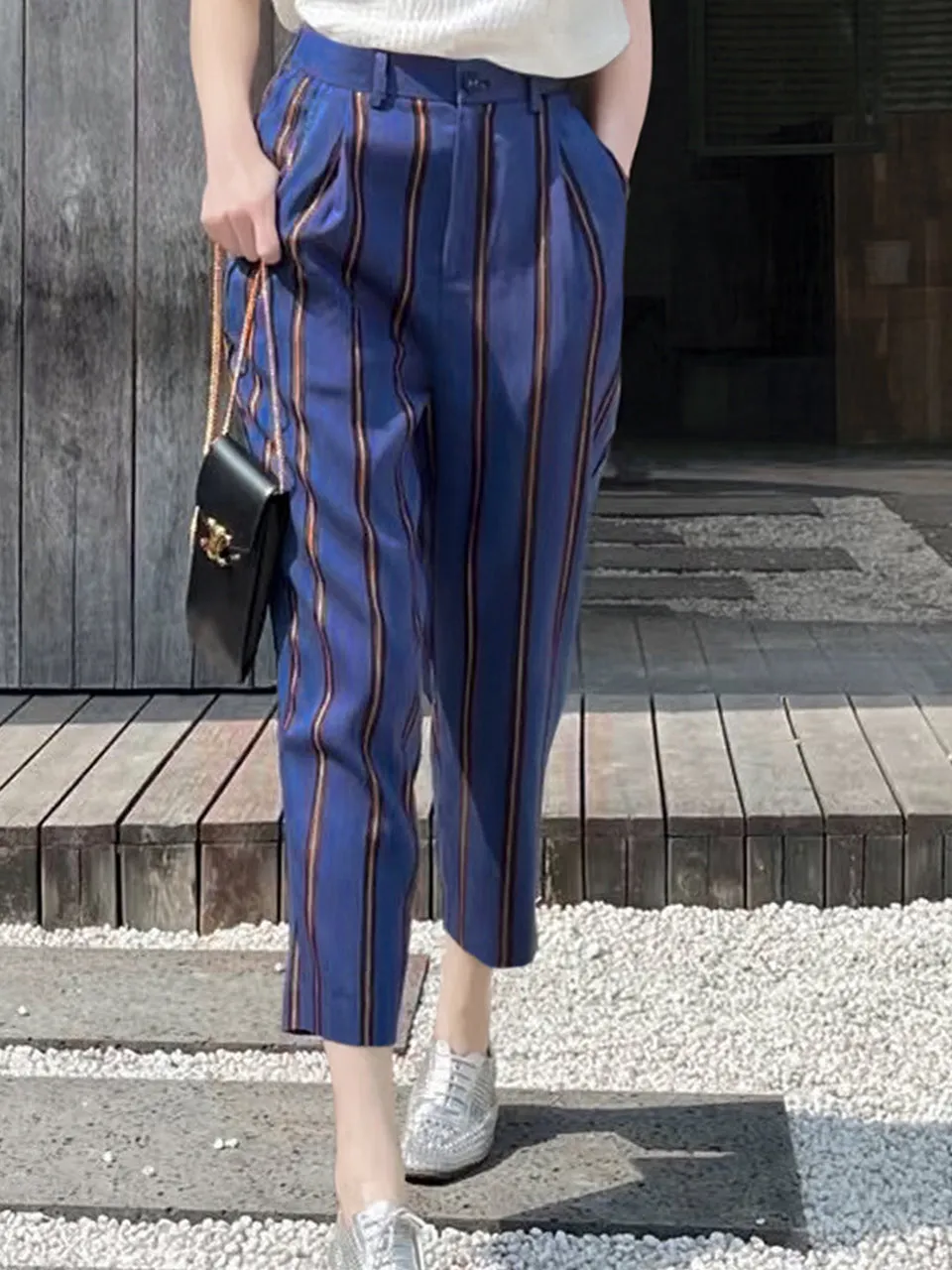 Last Chance! Blue-Orange Stripe Relax Fit Pleated Crop Trousers