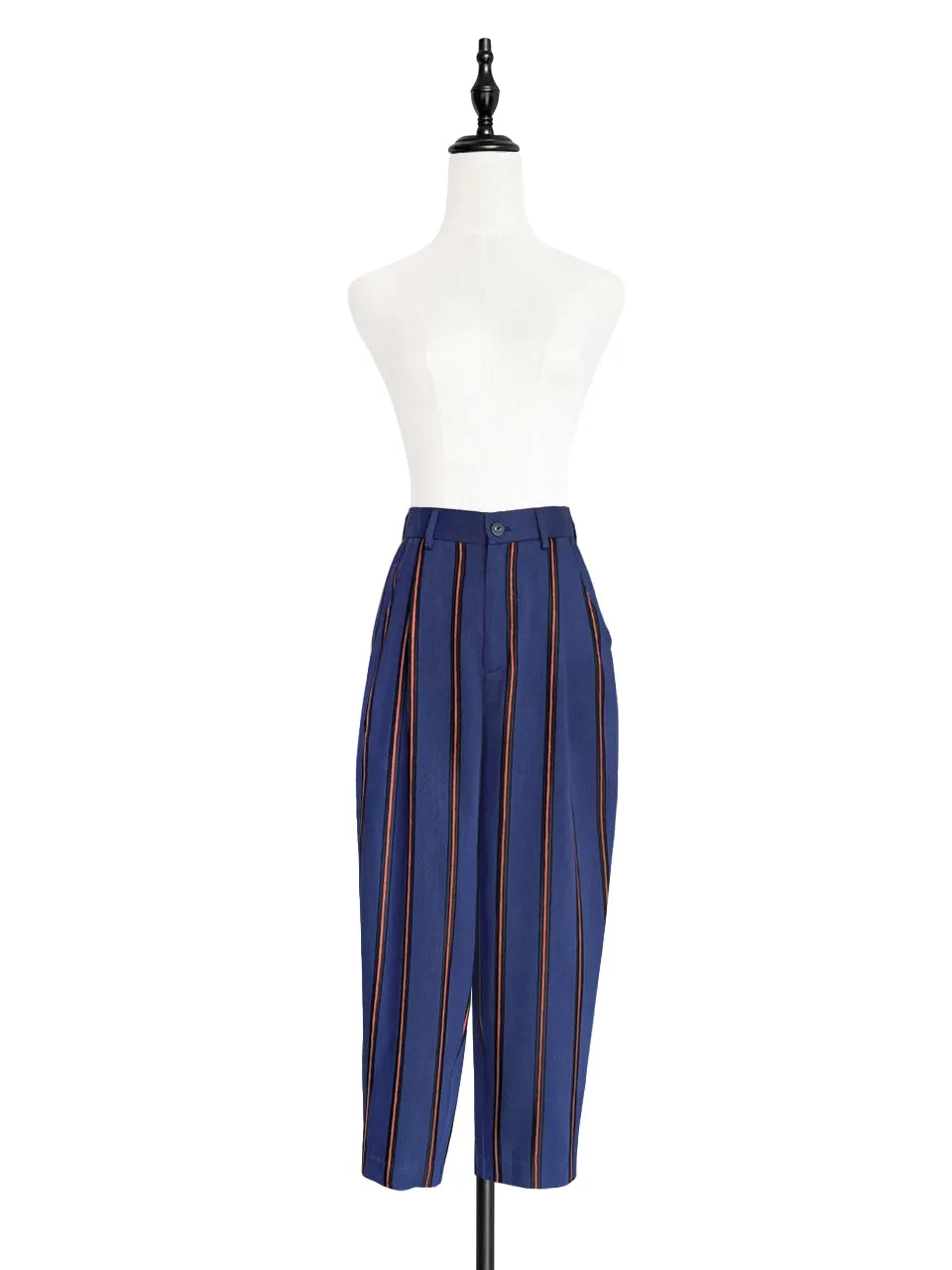 Last Chance! Blue-Orange Stripe Relax Fit Pleated Crop Trousers