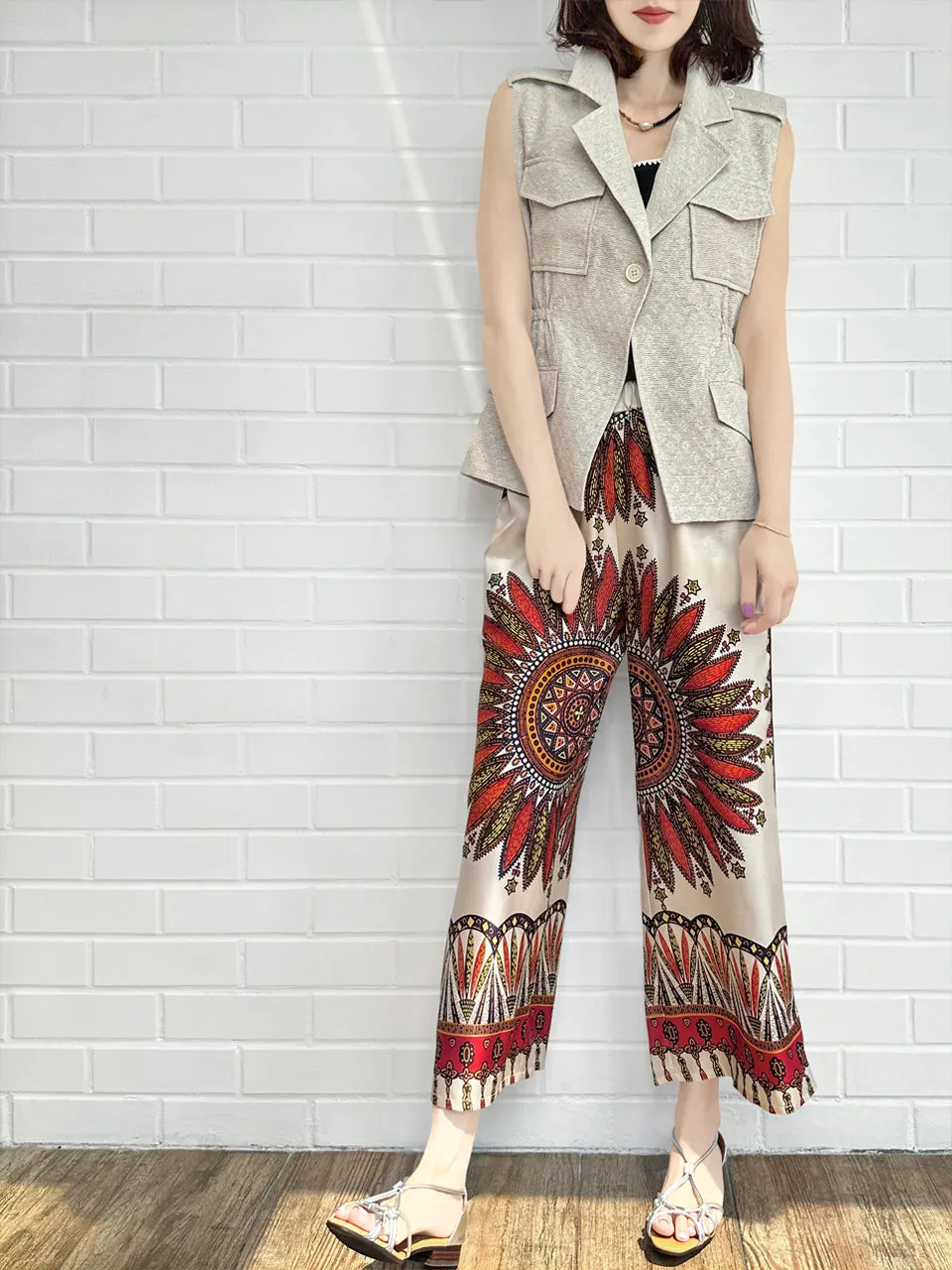 Mahogany Gold Mandala Contrast Piping Silky Cropped Trousers