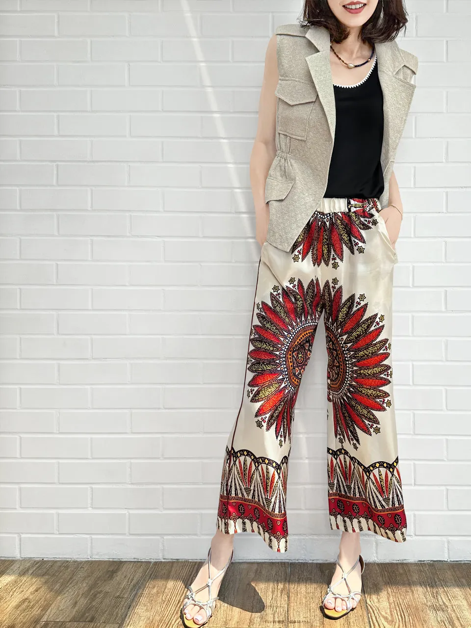 Mahogany Gold Mandala Contrast Piping Silky Cropped Trousers