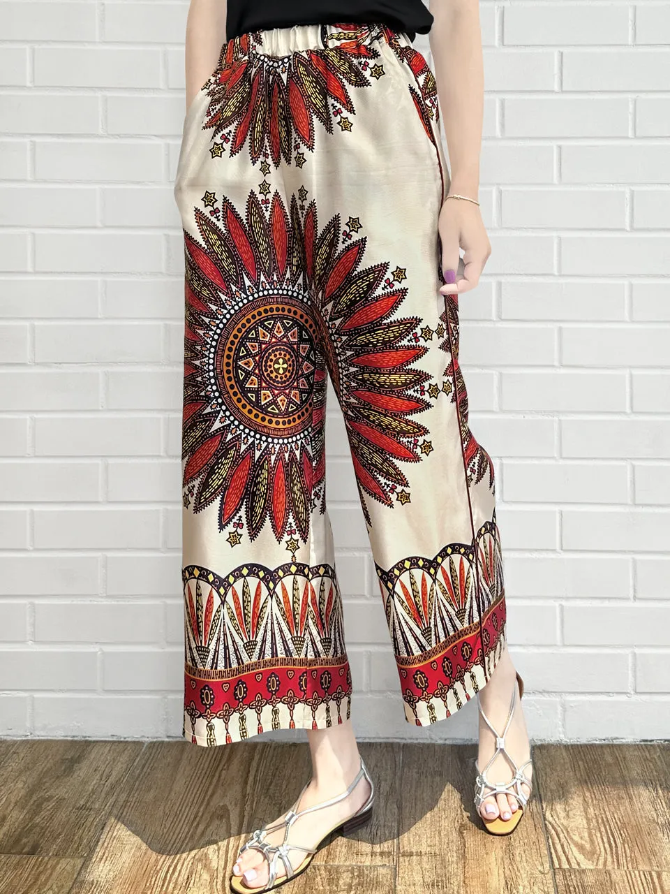 Mahogany Gold Mandala Contrast Piping Silky Cropped Trousers