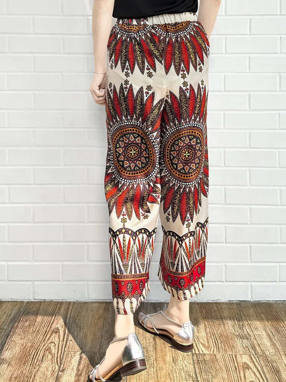 Mahogany Gold Mandala Contrast Piping Silky Cropped Trousers